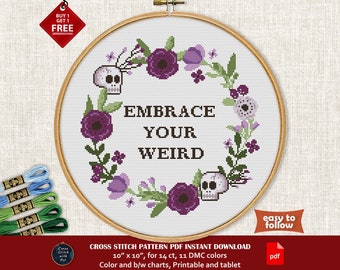 Snarky cross stitch pattern. Embrace Your Weird. Funny cross-stitch PDF. Modern counted cross stitch. Sarcastic quote. Mental health sign