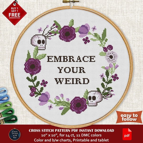 Snarky cross stitch pattern. Embrace Your Weird. Funny cross-stitch PDF. Modern counted cross stitch. Sarcastic quote. Mental health sign