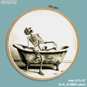 May include: A cross stitch pattern of a skeleton sitting in a bathtub. The pattern is 12 inches by 12 inches and uses 13 DMC colors.