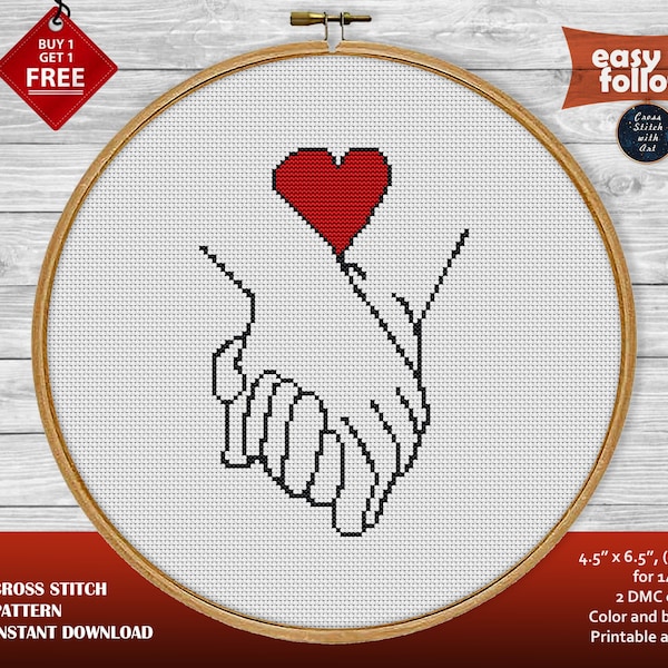 Valentines cross stitch pattern. Heart cross stitch PDF. Easy cross stitch. Modern simple cross stitch beginner. Hands, counted love xstitch