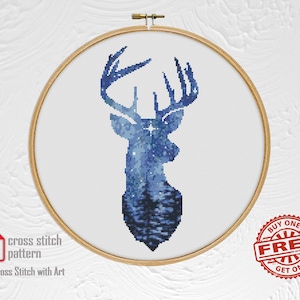 Deer cross stitch pattern. Forest animal cross stitch PDF. Night landscape cross stitch Counted modern cross stitch Animal embroidery design