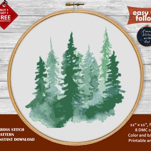 Watercolor Forest cross stitch pattern. Modern cross stitch PDF. Counted cross stitch chart, Pine tree, nature cross stitch, landscape image 1