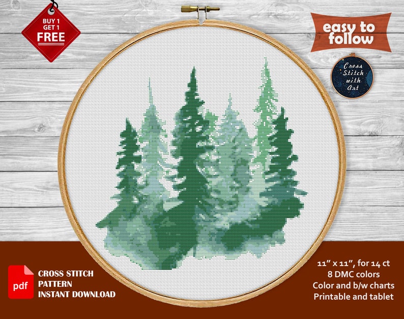 Watercolor Forest cross stitch pattern. Modern cross stitch PDF. Counted cross stitch chart, Pine tree, nature cross stitch, landscape image 1