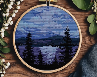 Night Forest Cross Stitch Pattern, Landscape Embroidery (PDF)