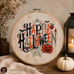 Happy Halloween Cross Stitch Pattern – Spooky Embroidery Design (PDF) Creepy Seasonal Decor