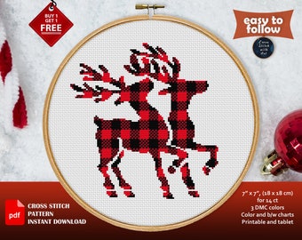 Christmas cross stitch pattern. Xmas cross stitch PDF. Christmas embroidery. Buffalo plaid Deers cross stitch. Easy counted xstitch animal.