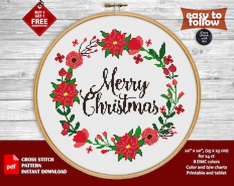 Merry Christmas cross stitch pattern. Xmas cross stitch PDF. Lettering cross stitch. Counted modern cross stitch, Flower wreath embroidery