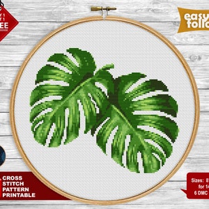 Monstera cross stitch pattern. Nature cross stitch PDF. Plant cross stitch. Counted, modern cross stitch, botanic embroidery, leaf xstitch