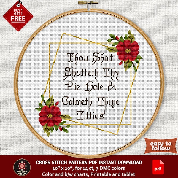 Thou Shalt Shutteth Thy Pie Hole Calmeth Thine Titties. Funny cross stitch pattern. Snarky cross stitch PDF. Swearing Rude cross stitch sign