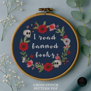 Read Banned Books Cross Stitch Pattern, Skull Floral Wreath (PDF)