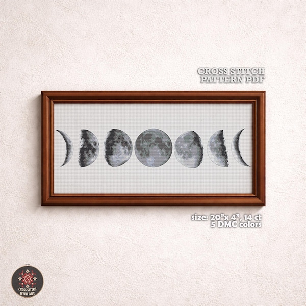 Moon Phases Cross Stitch Pattern, Modern Planet Embroidery (PDF)