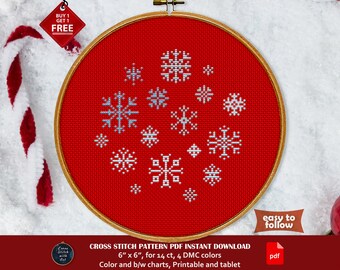 Christmas cross stitch pattern. Xmas cross stitch PDF. Snowflakes cross stitch. Modern winter cross stitch. Easy counted cross stitch chart