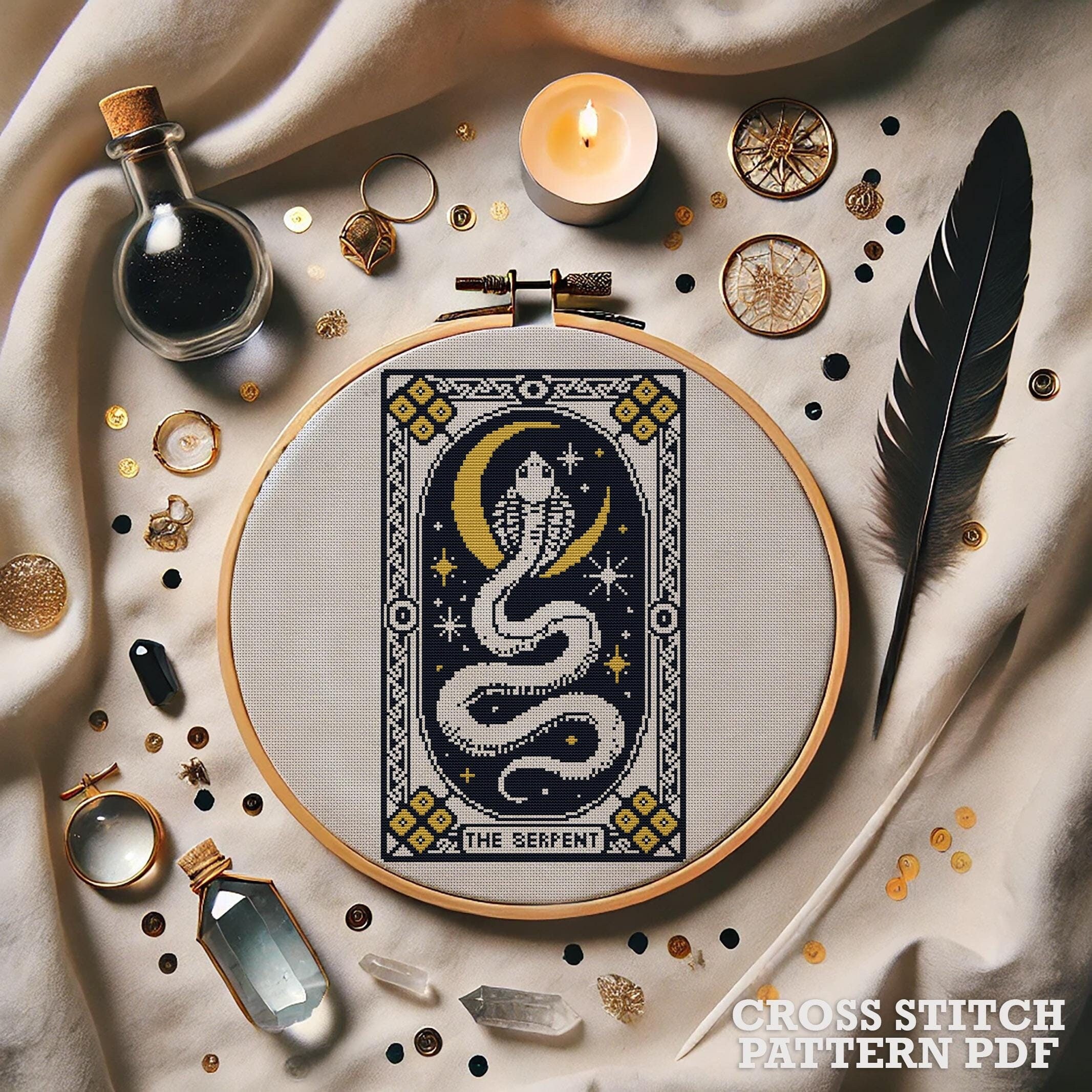 The Serpent Cross Stitch Pattern PDF – Mystical Snake Embroidery Design, Gothic Tarot Decor, Night Moon Dark Art,  Snake Cross Stich Chart