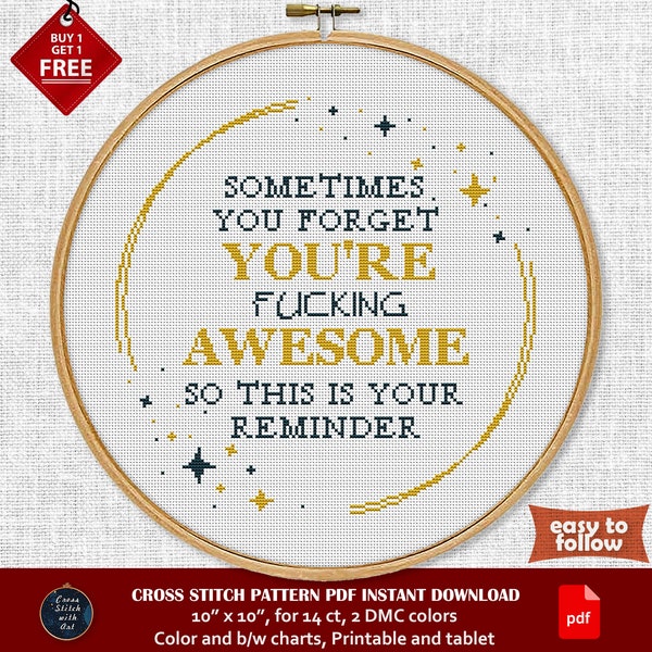 You're F*cking Awesome cross stitch pattern. Funny cross stitch PDF. Mental Health, Motivational cross stitch. Best Friend gift, Bestie sign