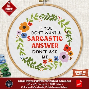Sarcastic cross stitch pattern. Don&#39;t Ask Me. Snarky cross-stitch PDF. Funny cross stitch. Modern counted cross stitch chart, floral border