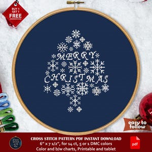 Merry Christmas cross stitch pattern. Christmas tree Snowflake cross stitch PDF. Xmas embroidery design. Winter holiday decor. Festive craft