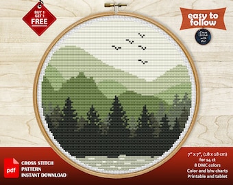 Natur Kreuzstich Stickmuster. Landschaft Kreuzstich PDF. Berge Kreuzstich Modernes xstitch Kreuzstichmuster, Waldmuster