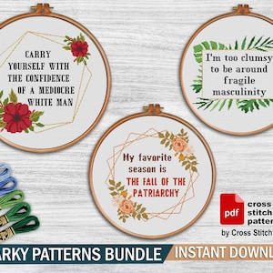 Feminist cross stitch patterns bundle. Snarky cross stitch PDF. Modern cross stitch flower frame. Easy counted xstitch. Sarcastic embroidery