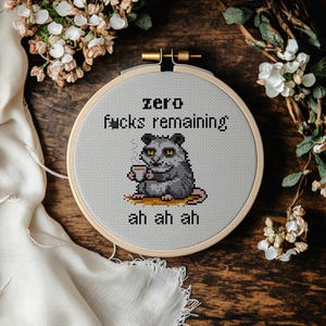 Funny Opossum Cross Stitch Pattern PDF: Zero Fcks Given. Subversive Sarcastic Animal Embroidery