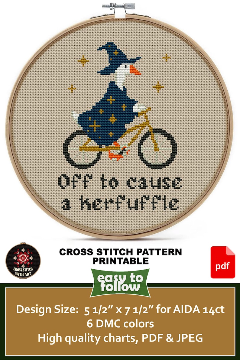 May include: A cross-stitch design in a wooden hoop features a goose in a witch hat and cloak riding a bicycle. The text reads "Off to cause a kerfuffle." The design size is 5 1/2" x 7 1/2".