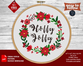 Christmas cross stitch pattern. Holly Jolly cross stitch PDF. Xmas cross stitch chart. Counted modern cross stitch, Floral wreath embroidery