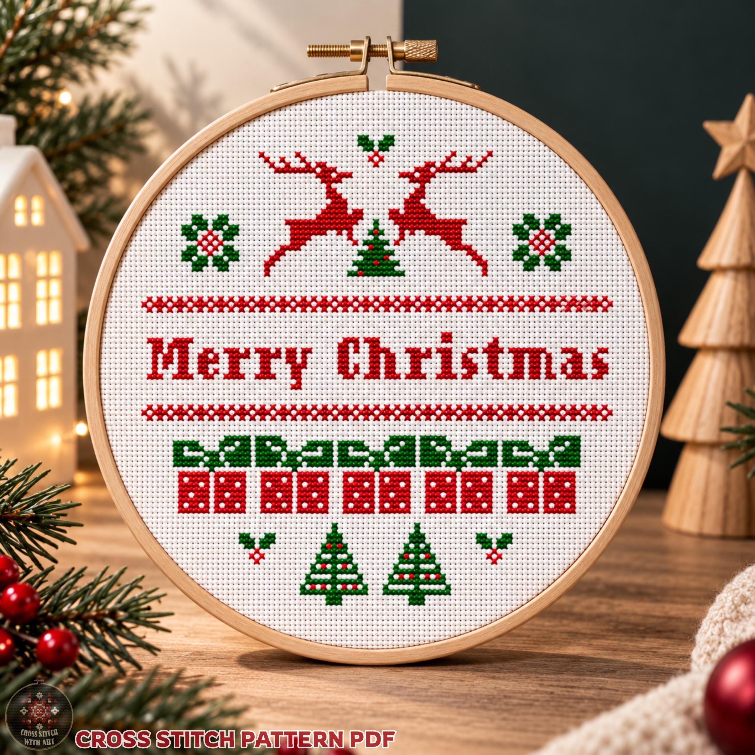 北欧風クリスマス鹿のクロスステッチ図案（PDFダウンロード） – 初心者