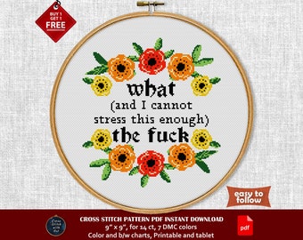 What The Fuck. Funny cross-stitch pattern. Sweary Snarky cross stitch PDF. Floral wreath cross stitch. Modern counted cross stitch. WTF sign