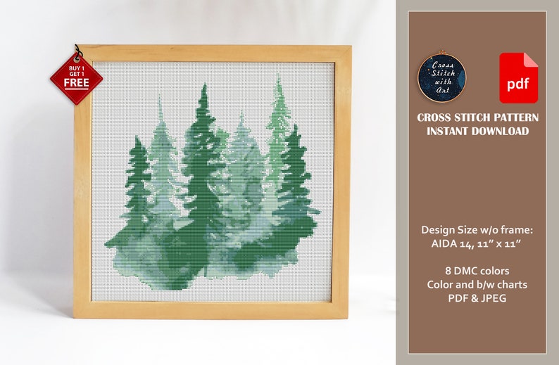 Watercolor Forest cross stitch pattern. Modern cross stitch PDF. Counted cross stitch chart, Pine tree, nature cross stitch, landscape image 2