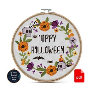 Happy Halloween cross stitch pattern. Sassy cross stitch PDF. Modern cross stitch. Flower wreath. Easy counted xstitch. Halloween embroidery image 4