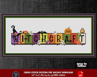 Witchcraft Halloween Cross Stitch Pattern, Spooky Holiday Decor (PDF)