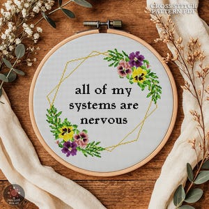 Funny 'All Systems Nervous' Cross Stitch Pattern | Sarcastic Mental Health, Snarky Quote (PDF)