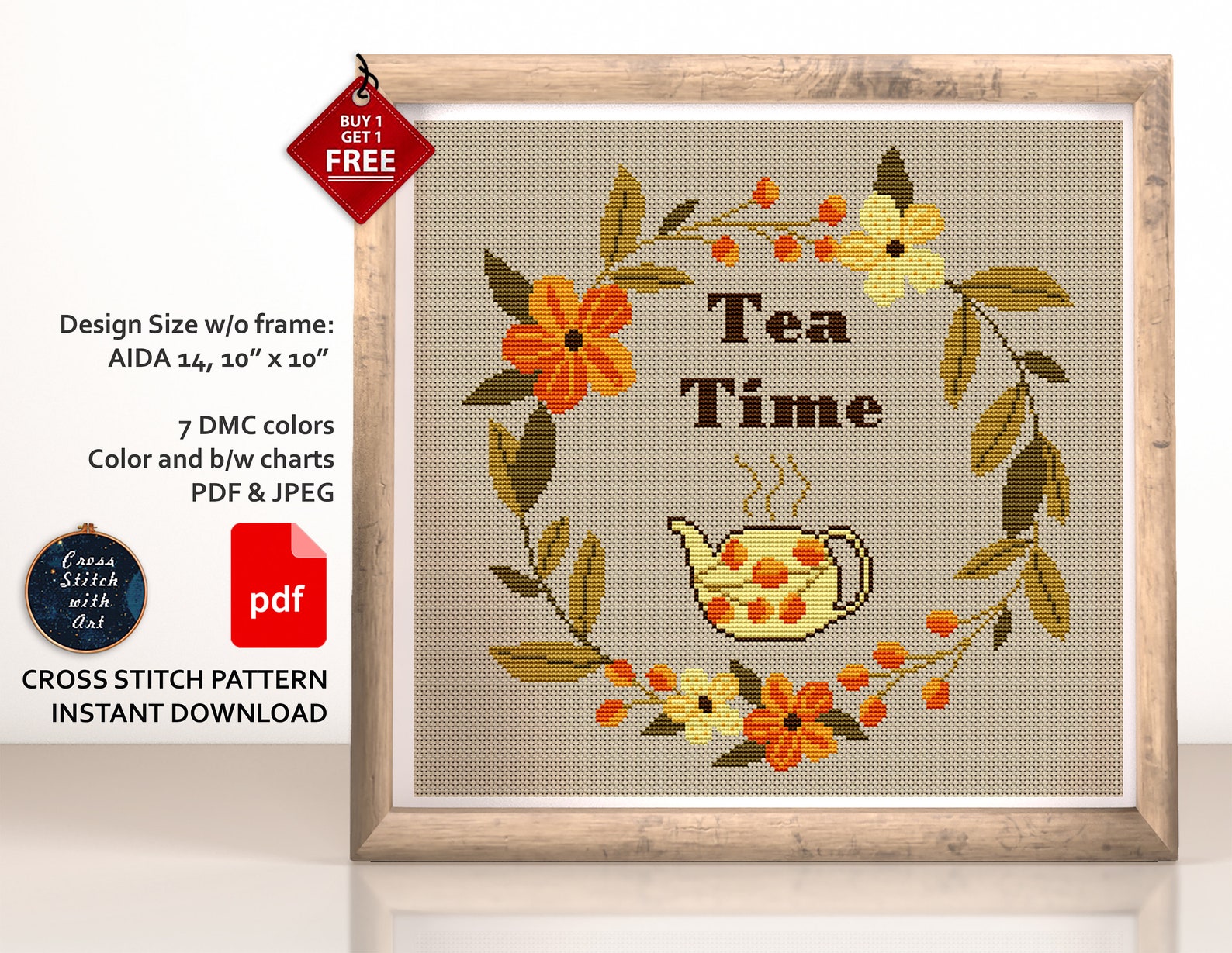 Tea Cross Stitch Pattern. Tea Time Cross Stitch PDF. Modern Etsy