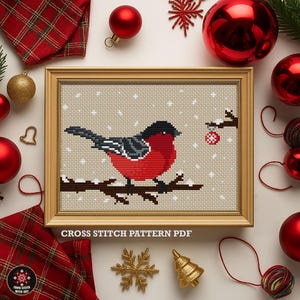 Christmas Robin Cross Stitch Pattern, Winter Bird Embroidery (PDF chart, Digital Download)