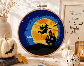 Halloween Cross Stitch Pattern, Moon Witch and Haunted House, Halloween Decor PDF