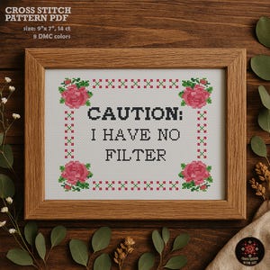 May include: A framed cross stitch pattern with a white background and red roses. The text reads "CAUTION: I HAVE NO FILTER".