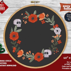 Skull cross stitch pattern. Snarky cross stitch PDF. Floral cross stitch wreath. Modern cross stitch. Easy counted cross stitch, embroidery