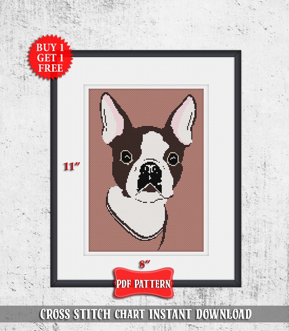 Boston Terrier Cross Stitch Pattern Modern Dog Embroidery Hoop Etsy
