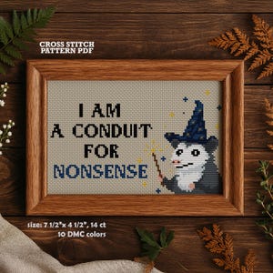 Puede incluir: Patrón de punto de cruz PDF en un marco de madera. El diseño presenta el texto "I AM A CONDUIT FOR NONSENSE" con una zarigüeya con un sombrero de mago y una varita. Las dimensiones son 19 cm x 11,4 cm, 14 ct y 10 colores DMC.