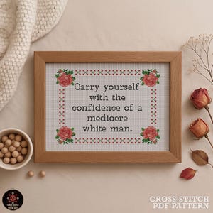 Empowering Feminist Cross Stitch Pattern PDF. Mediocre White Man Confidence Sarcastic Quote. Modern Subversive Embroidery Chart. Snarky Art