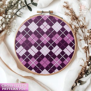 Purple Argyle Cross Stitch Pattern PDF. Classic Plaid Embroidery Design. Modern Tartan Wall Art for Home Decor. Geometric Ornament Stitch