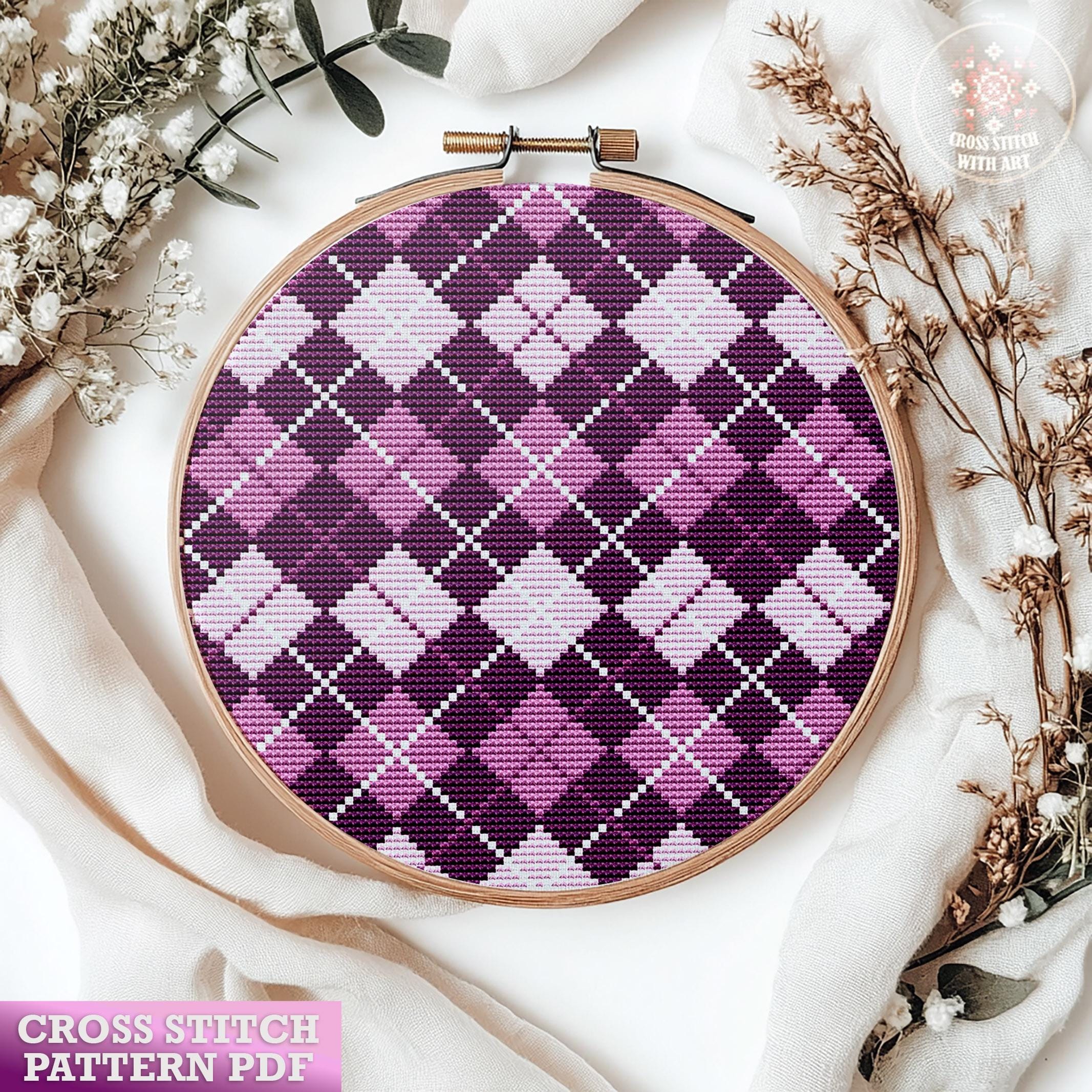 パープルアーガイルのクロスステッチパターンPDF。クラシックな