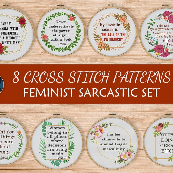 Snarky Feminist Cross Stitch Patterns, Sarcastic Embroidery Quotes Bundle (PDF)