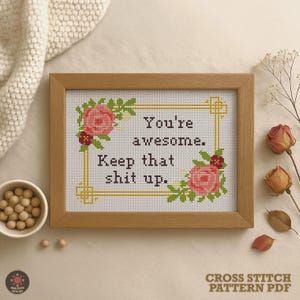 Funny Sarcastic Cross Stitch Pattern: Floral Frame (PDF)