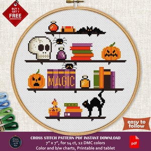 Halloween cross stitch pattern. Witchy Bookshelf cross stitch PDF. Modern cross stitch. Easy counted cross stitch. Book, skull, bat, pumpkin