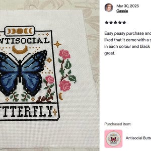 K&ouml;nnte beinhalten: Kreuzstichmuster mit einem blauen Schmetterling und dem Text "ANTISOCIAL BUTTERFLY". Das Design umfasst rosa Rosen und einen Mond. Das Muster befindet sich auf wei&szlig;em Stoff.
