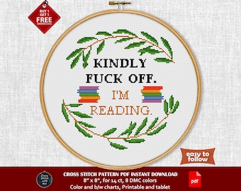 Fuck Off I'm Reading. Funny cross stitch pattern. Modern sarcastic cross stitch. Sassy snarky cross stitch PDF. Booklover gift Bookworm sign