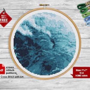 Patrón de punto de cruz de naturaleza. Punto de cruz del mar en PDF. Punto de cruz del océano. Gráfico de punto de cruz de olas de agua. Punto de cruz contado moderno, paisaje