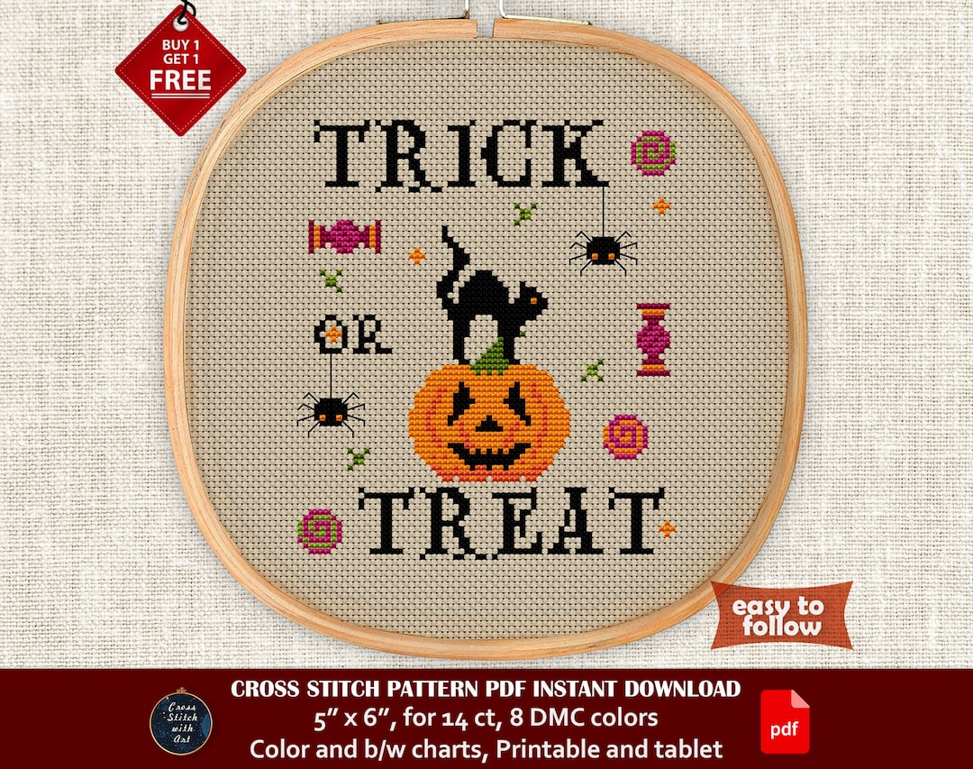 Trick or Treat Cross Stitch Pattern. Halloween Cross Stitch PDF. Easy ...