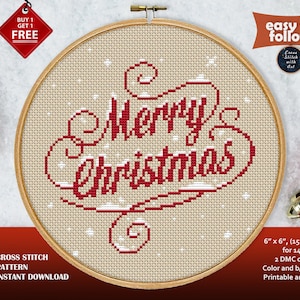 Merry Christmas cross stitch pattern. Xmas cross stitch PDF. Christmas lettering embroidery. Winter cross stitch. Easy counted cross stitch