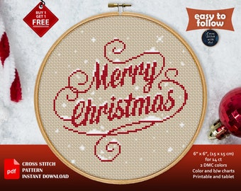 Merry Christmas cross stitch pattern. Xmas cross stitch PDF. Christmas lettering embroidery. Winter cross stitch. Easy counted cross stitch